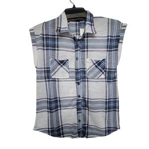 ✨Size S Derek Heart Women's Plaid Shirt Tunic Top Blouse Sleeveless White Blue